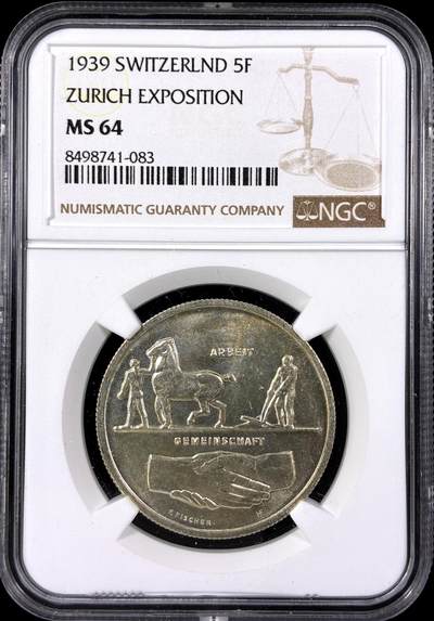 【雨安】【直播拍卖】【第0129期-评级币章】2026-03-21 周六 19:30 (金价1115, 银价20.09) - [评级欧洲] Switzerland 瑞士 5法郎 1939年 苏黎世博览会 KM# 43  NGC-MS64