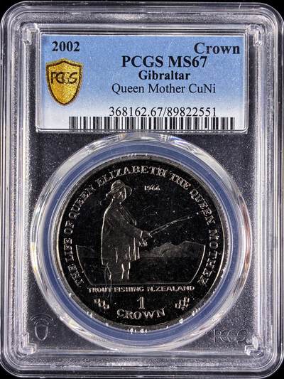 【雨安】【直播拍卖】【第0129期-评级币章】2026-03-21 周六 19:30 (金价1115, 银价20.09) - [评级现代] Gibraltar 直布罗陀 1克朗 2002年 伊丽莎白王太后钓鱼  PCGS-MS67