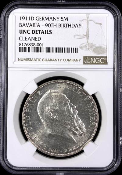 【雨安】【直播拍卖】【第0129期-评级币章】2026-03-21 周六 19:30 (金价1115, 银价20.09) - [评级德国] Germany 德国 帝国 J.050 巴伐利亚 5马克 (1911) 柳奥波德 1911年  NGC-UNC 光度极佳, 看不出有清洗, 严评