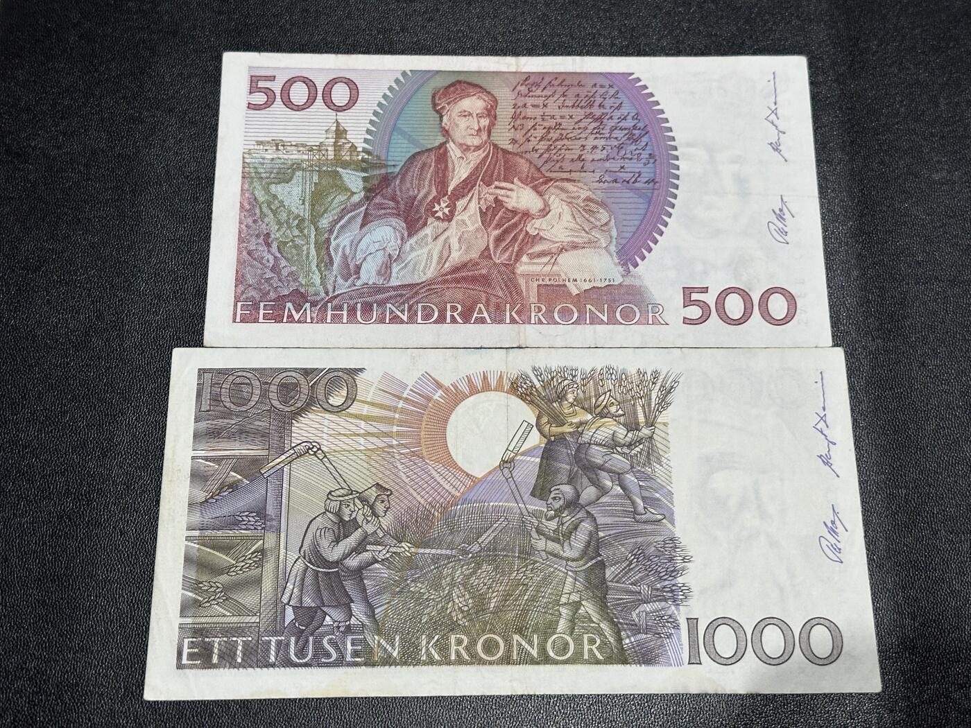 《外钞收藏家》第六百一十九期（精品场）（长期征集拍品、欢迎藏友们联系合作） 瑞典500和1000克朗 2张一起 非全新 品相如图