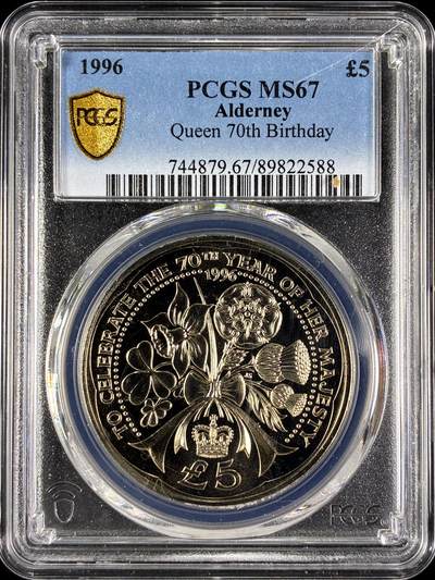 【雨安】【直播拍卖】【第0129期-评级币章】2026-03-21 周六 19:30 (金价1115, 银价20.09) - [评级现代] Alderney 奥尔德尼 5镑 1996年 女王70岁生日  PCGS-MS67