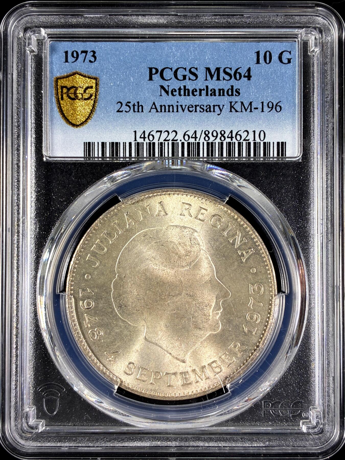 【雨安】【直播拍卖】【第0129期-评级币章】2026-03-21 周六 19:30 (金价1115, 银价20.09) [评级现代] Netherlands 荷兰 王国 10盾 1973年 登基25周年  PCGS-MS64