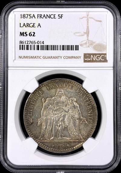 【雨安】【直播拍卖】【第0129期-评级币章】2026-03-21 周六 19:30 (金价1115, 银价20.09) - [评级法国] France 法国 5法郎 KM#0820 (1870-1889) 大力神 1875年  NGC-MS62