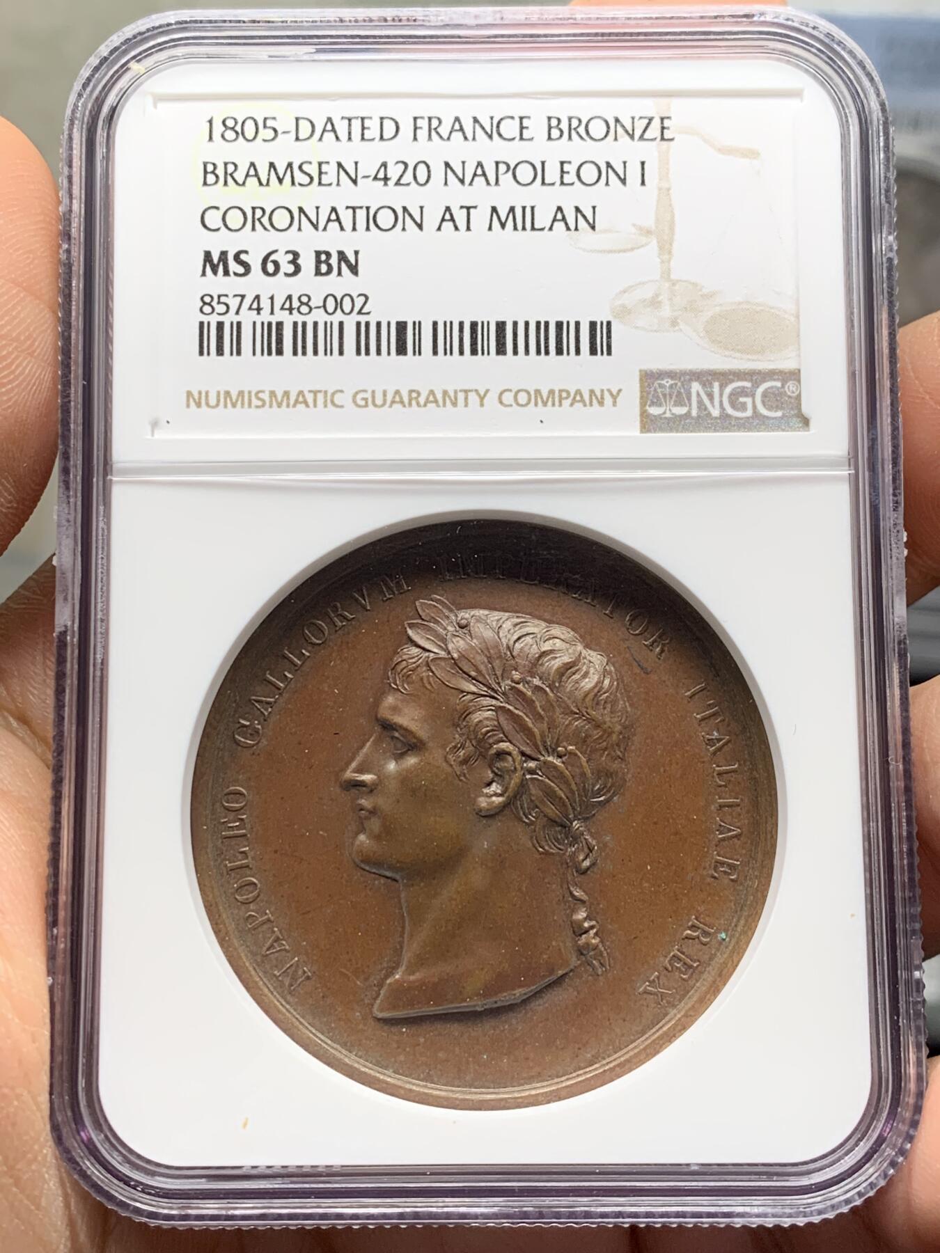 《竞宝斋》第472场 周日，周一，周二 3场连拍 （全场包邮）欢迎送拍 NGC MS63BN 1805法国拿破仑米兰加冕典礼纪念铜章 超高分 加厚盒