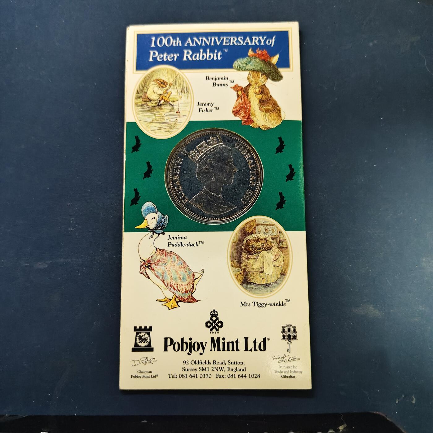 【全场包邮】纯粹捡漏拍513场 直布罗陀1993年1克朗彼得兔100周年官方卡装克朗型纪念币