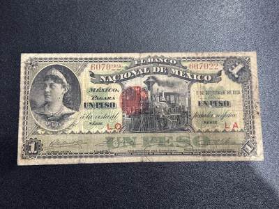 《外钞收藏家》第六百一十九期（精品场）（长期征集拍品、欢迎藏友们联系合作） - 1913年墨西哥1比索 非全新 品相如图