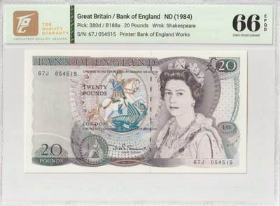 【礼羽收藏】🌏世界钱币拍卖129期 - 1984年英国D序列20镑，TQG评级66分，莎士比亚水印