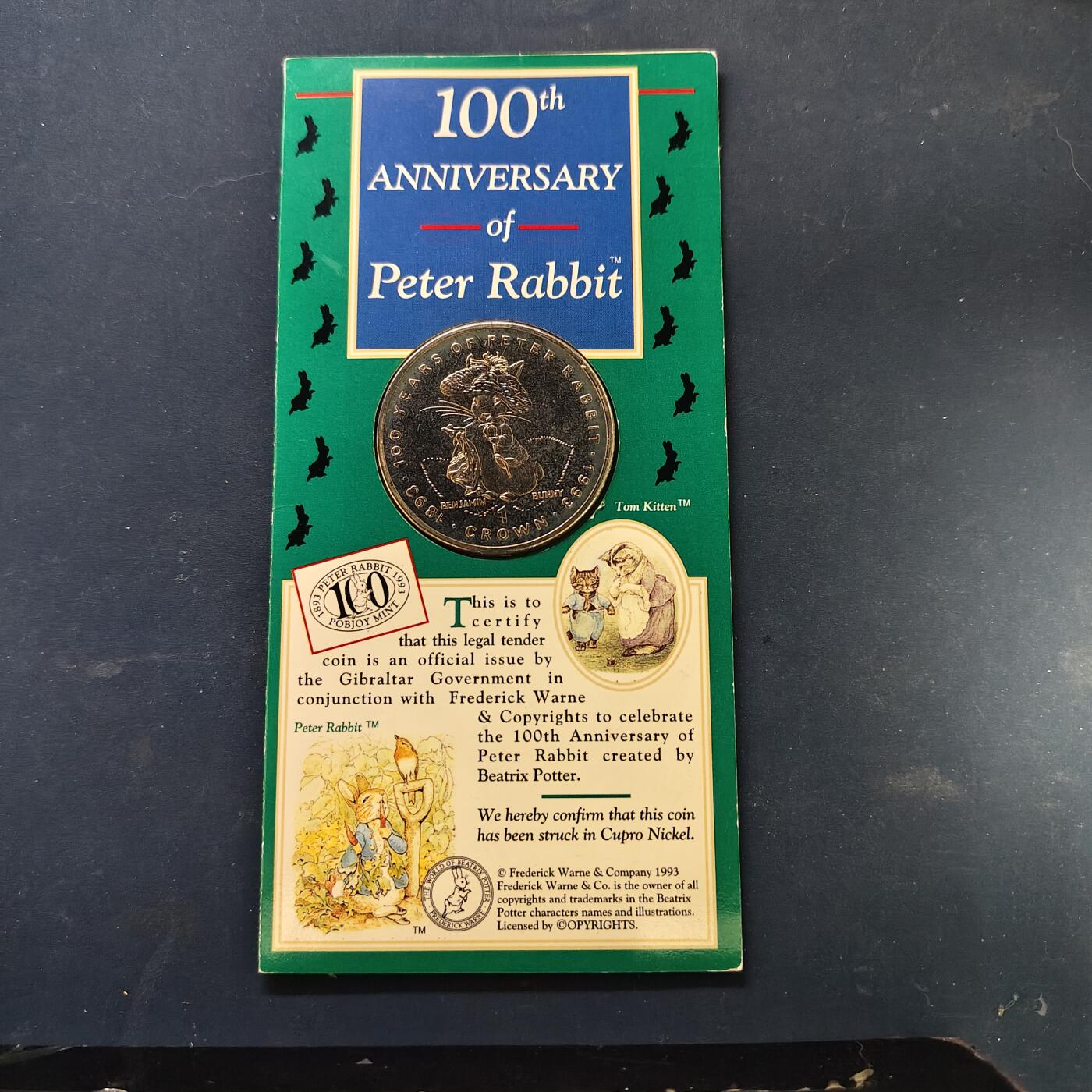 【全场包邮】纯粹捡漏拍513场 直布罗陀1993年1克朗彼得兔100周年官方卡装克朗型纪念币