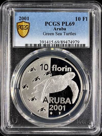 【雨安】【直播拍卖】【第0129期-评级币章】2026-03-21 周六 19:30 (金价1115, 银价20.09) - [评级现代] Aruba 阿鲁巴 10弗洛林 2001年 绿海龟 PCGS-PL69