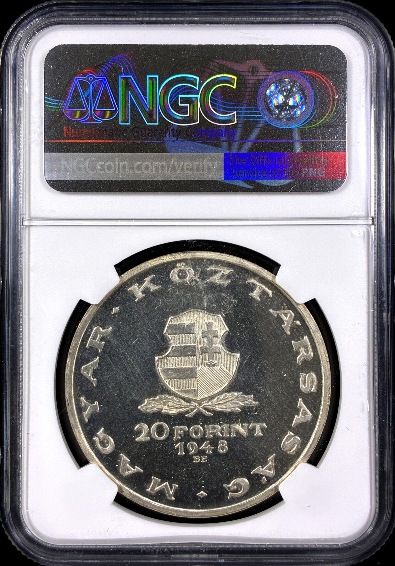 【雨安】【直播拍卖】【第0129期-评级币章】2026-03-21 周六 19:30 (金价1115, 银价20.09) [评级欧洲] Hungary 匈牙利 20福林 1948年 作家米哈伊·坦奇奇 NGC-PF66Cameo 精制币