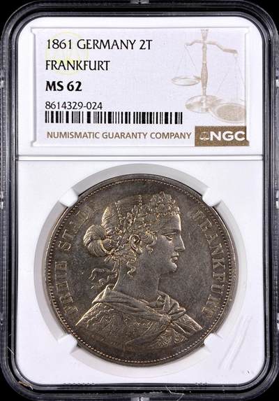 【雨安】【直播拍卖】【第0129期-评级币章】2026-03-21 周六 19:30 (金价1115, 银价20.09) - [评级德国] Germany 德国 德意志 2泰勒 Frankfurt法兰克福 Thun.145 KM#0365 (1860-1866) 法兰克福少女 1861年  NGC-MS62