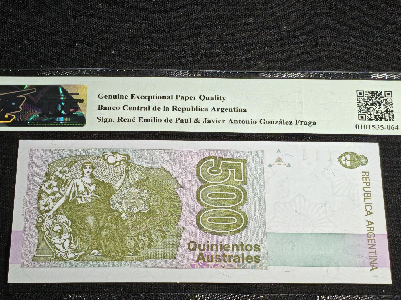 刘世昌艺术品销售中心～虎踞龙蟠*金杨在线联拍群第519期 阿根廷1990年500奥斯特（TQG    66GE    号码：59408548A）1枚。