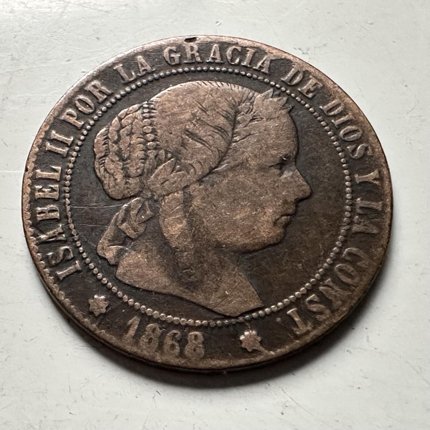 🌹外币初藏🌹🐯2026年第30场   每周二四六晚8️⃣点 接代拍 西班牙1868年伊莎贝拉二世 ½分 铜币 