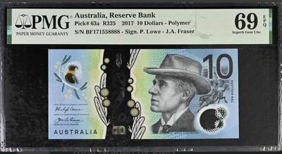 豹子号888狮子号8888，澳大利亚2017年10元塑料钞，pmg69高分，全程无3457 - 豹子号888狮子号8888，澳大利亚2017年10元塑料钞，pmg69高分，全程无3457