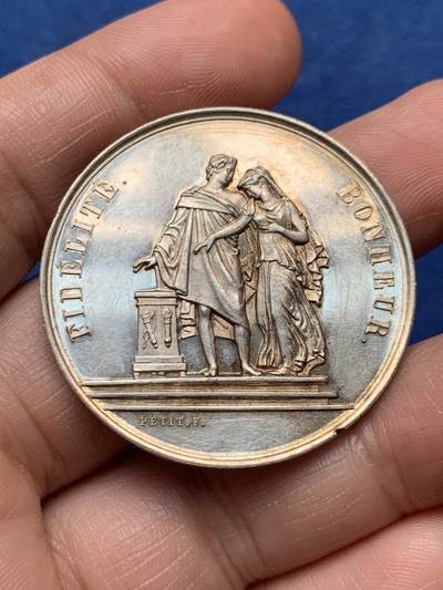 《竞宝斋》第472场 周日，周一，周二 3场连拍 （全场包邮）欢迎送拍 - 法国婚姻与爱情纪念银章，24.54g，39mm，蜜蜂边铭