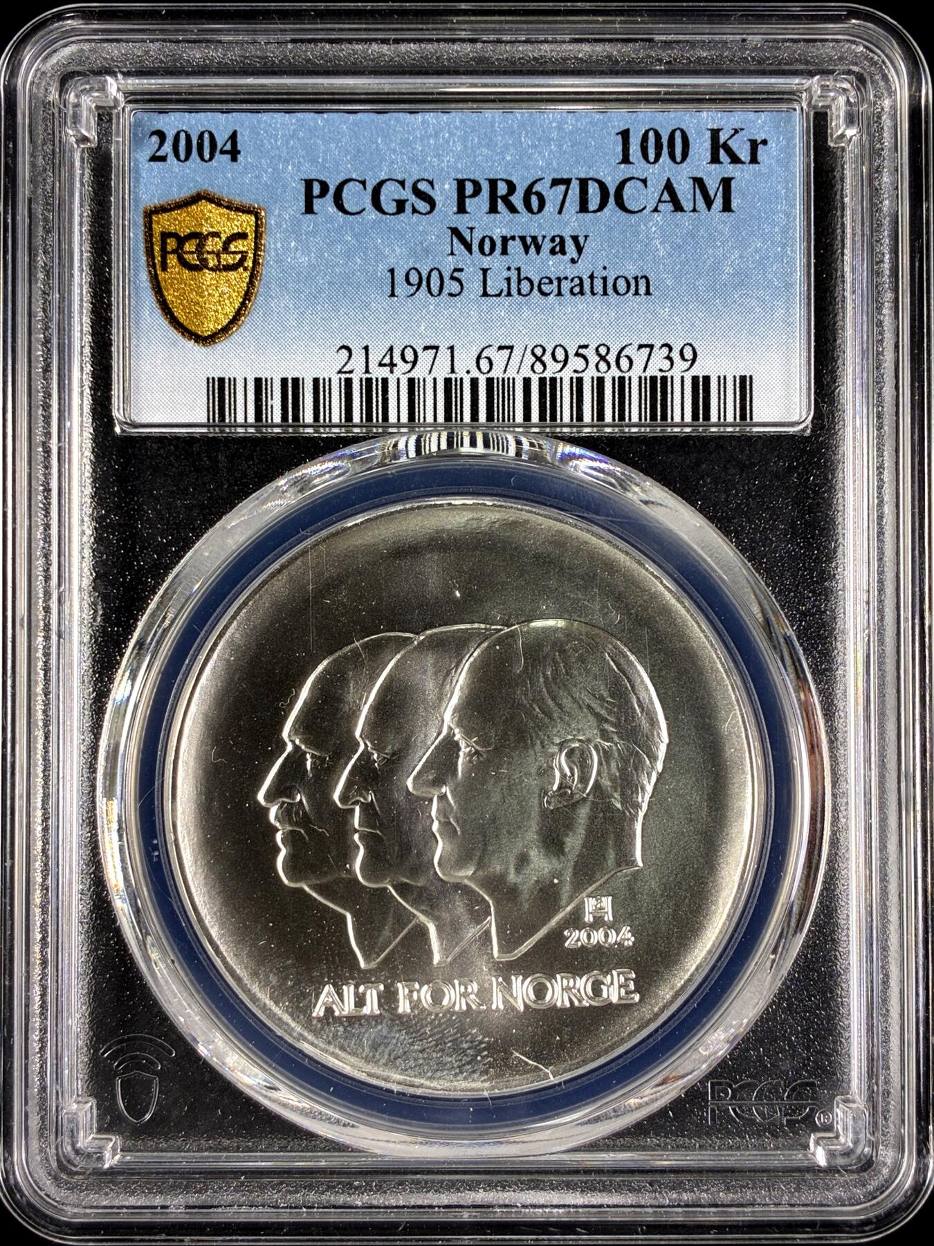 【雨安】【直播拍卖】【第0129期-评级币章】2026-03-21 周六 19:30 (金价1115, 银价20.09) [评级现代] Norway 挪威 100克朗 2004年 1905年独立 PCGS-PR67DCAM 精制币