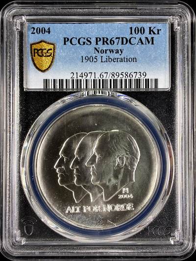 【雨安】【直播拍卖】【第0129期-评级币章】2026-03-21 周六 19:30 (金价1115, 银价20.09) - [评级现代] Norway 挪威 100克朗 2004年 1905年独立 PCGS-PR67DCAM 精制币