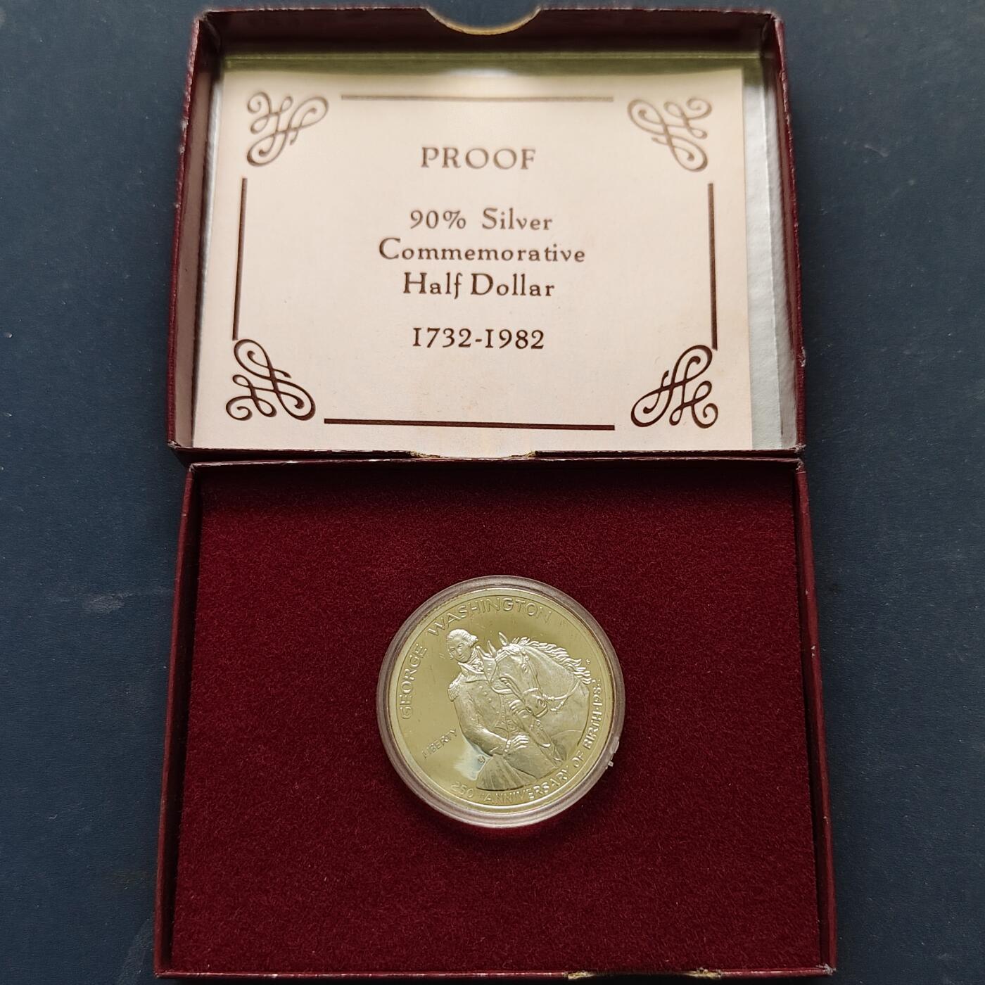 【全场包邮】纯粹捡漏拍513场 美国1982年半元华盛顿诞生250周年官方封装精制纪念银币【30.6毫米12.5克90%】-盒证全