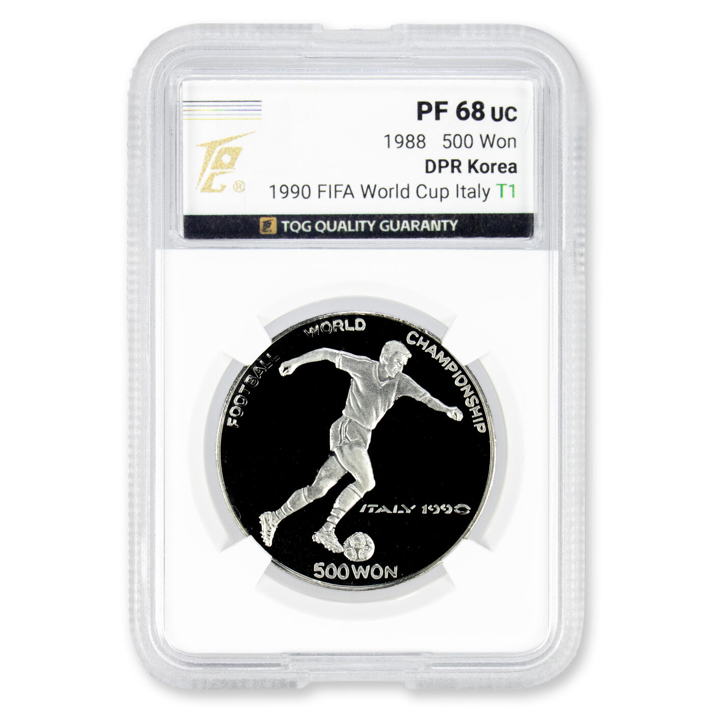 1988年朝鲜-90'意大利足球世界杯赛纪念银币全砂版27g999纯银纪念币TQG评级PF68 