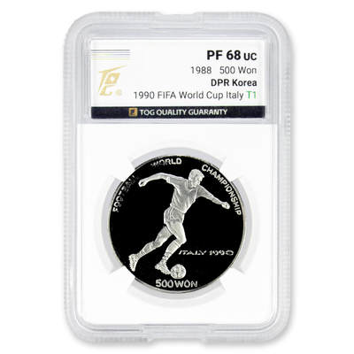 1988年朝鲜-90'意大利足球世界杯赛纪念银币全砂版27g999纯银纪念币TQG评级PF68  - 1988年朝鲜-90'意大利足球世界杯赛纪念银币全砂版27g999纯银纪念币TQG评级PF68 