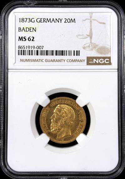 【雨安】【直播拍卖】【第0129期-评级币章】2026-03-21 周六 19:30 (金价1115, 银价20.09) - [评级金铂] Germany [金币] 德国 帝国 J.184 Baden巴登 20马克 (1872-1873) 弗里德里希一世 1873年  NGC-MS62