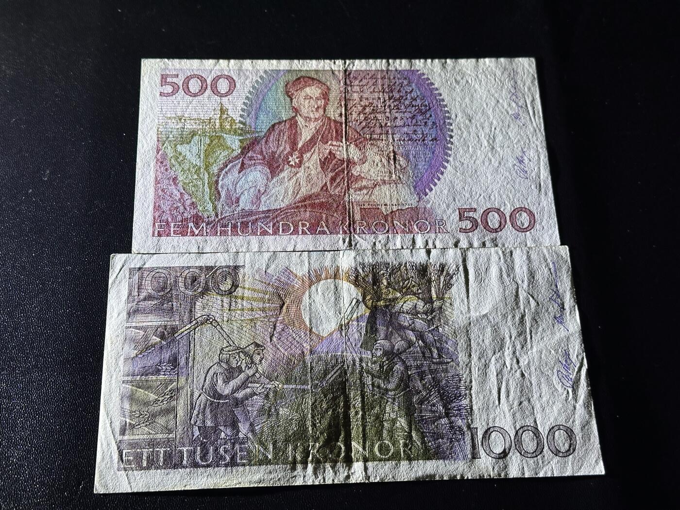 《外钞收藏家》第六百一十九期（精品场）（长期征集拍品、欢迎藏友们联系合作） 瑞典500和1000克朗 2张一起 非全新 品相如图