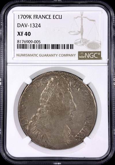 【雨安】【直播拍卖】【第0129期-评级币章】2026-03-21 周六 19:30 (金价1115, 银价20.09) - [评级法国] France 法国 1埃居 KM#0386 DAV-1324 (1709-1715) 路易十四 三皇冠 1709年  NGC-XF40