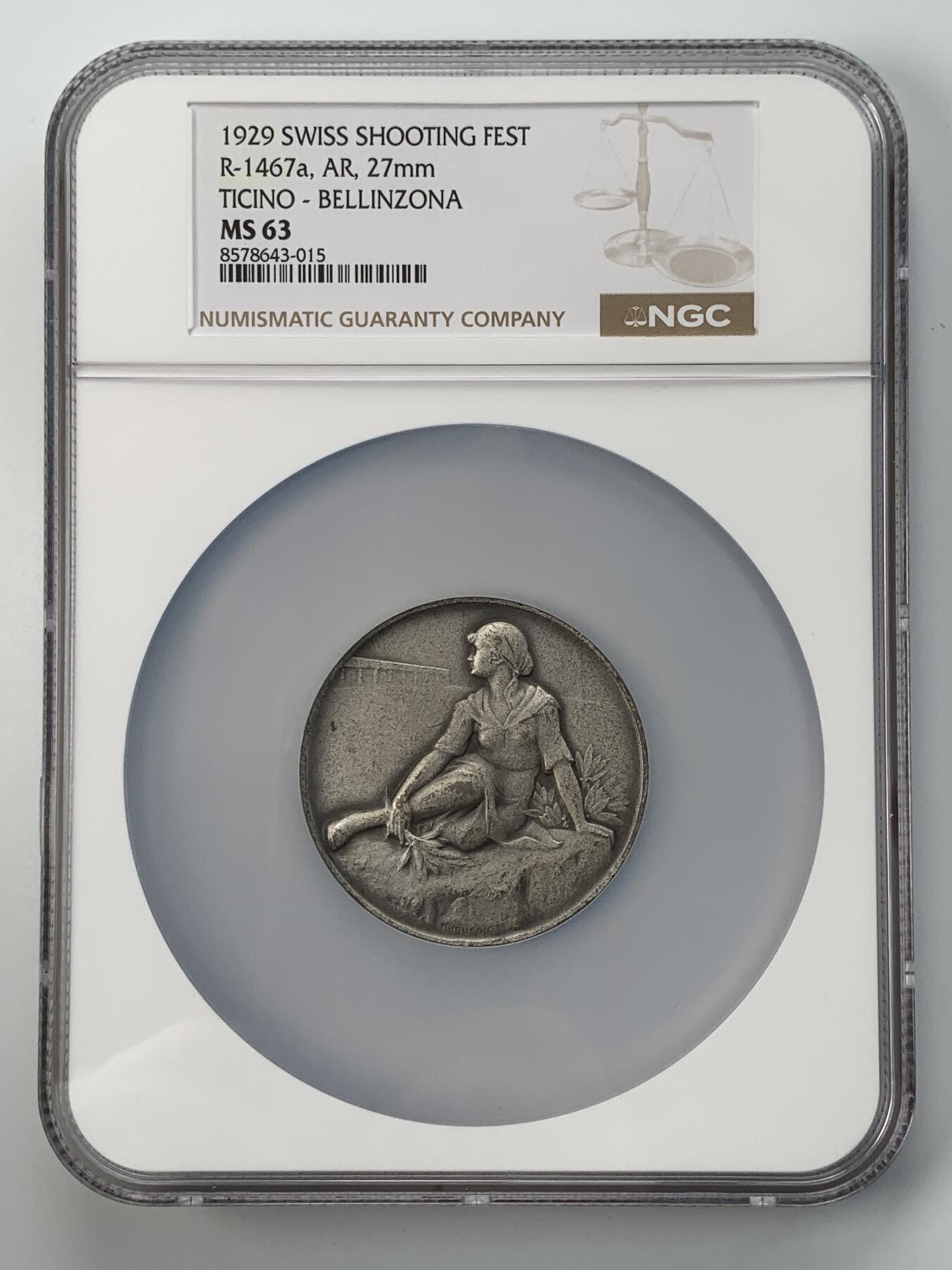 掌中浮雕-藏着的欧洲第055场 NGC MS63 : 1929年瑞士提契诺射击节银章，50mm