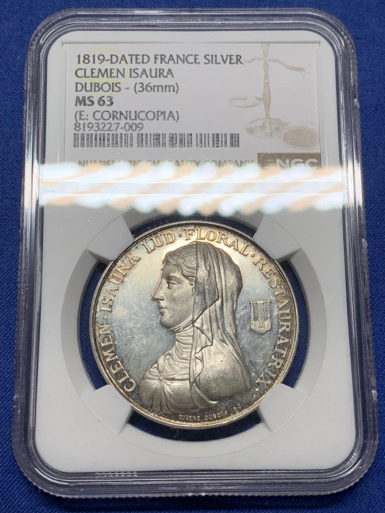 《竞宝斋》第472场 周日，周一，周二 3场连拍 （全场包邮）欢迎送拍 NGC MS63 法国图卢兹花卉节银质代币，女诗人克莱门-伊索尔