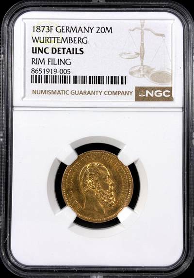 【雨安】【直播拍卖】【第0129期-评级币章】2026-03-21 周六 19:30 (金价1115, 银价20.09) - [评级金铂] Germany [金币] 德国 帝国 J.290 Wurttemberg符腾堡 20马克 (1872-1873) 卡尔 1873年  NGC-UNC
