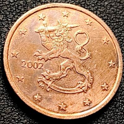 泉币菌-第212场-拍品多 请提前出价（工作最近较忙 发货不及时，望理解） - 欧元 2002年 芬兰5欧分 持剑立狮  21MM