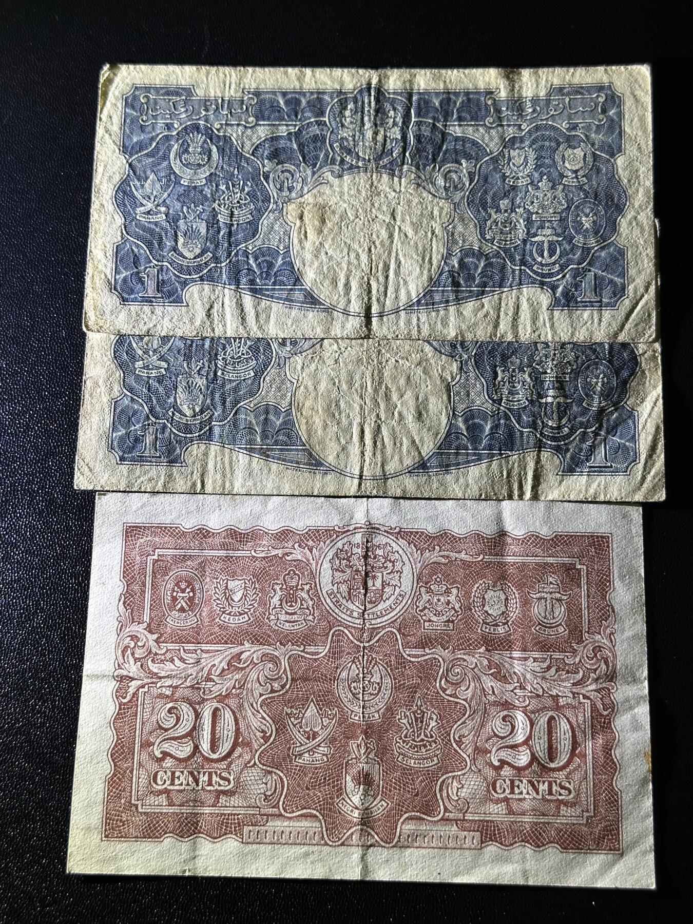 《外钞收藏家》第六百一十九期（精品场）（长期征集拍品、欢迎藏友们联系合作） 英属马来亚 乔治六世 1元2张和20分1张一起 非全新 品相如图