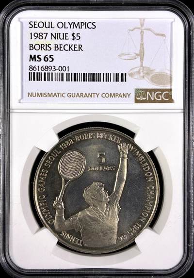 【雨安】【直播拍卖】【第0129期-评级币章】2026-03-21 周六 19:30 (金价1115, 银价20.09) - [评级现代] Niue 纽埃 5元 1987年 德国网球运动员鲍里斯·贝克尔 Boris Becker  NGC-MS65