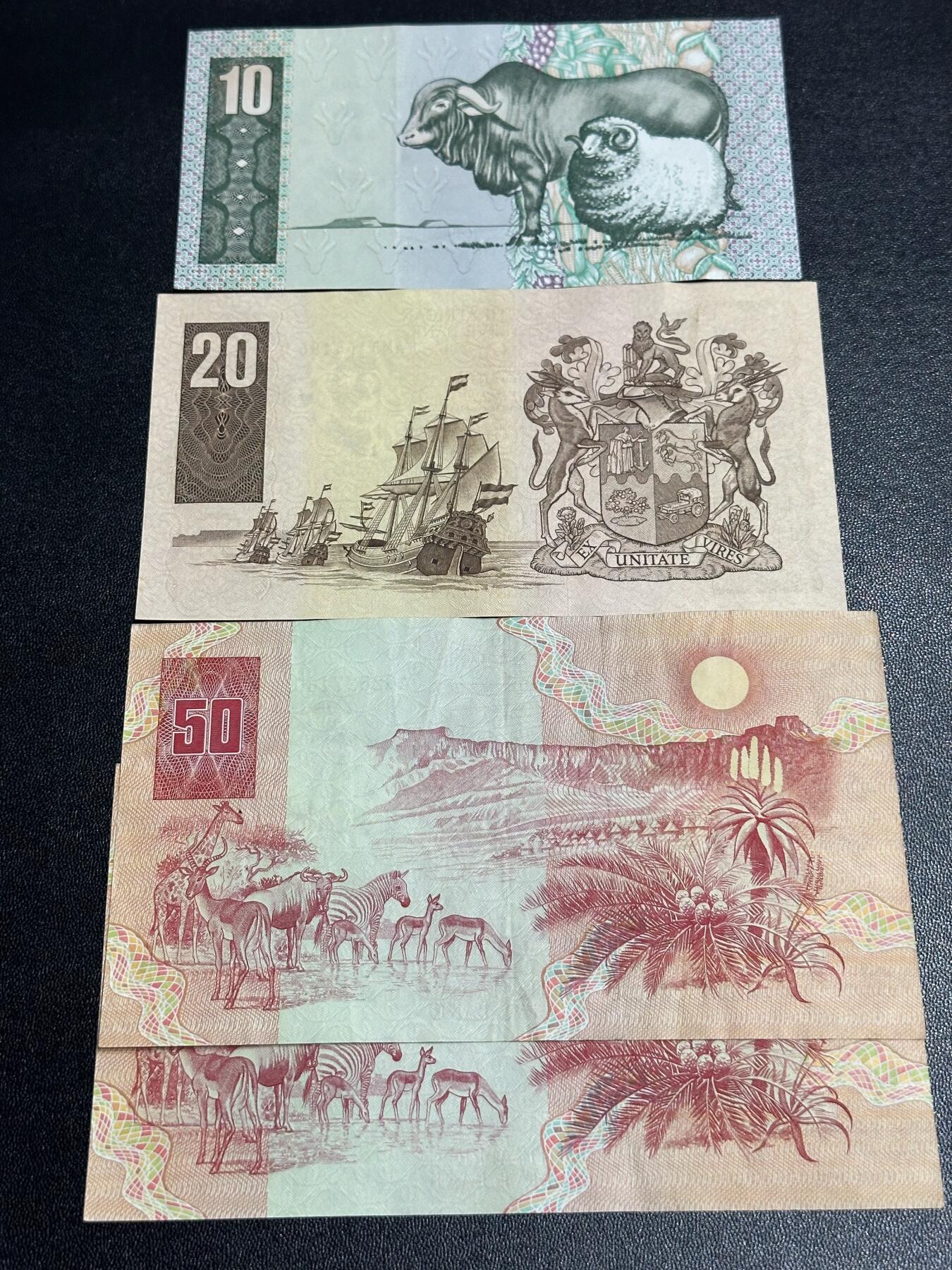 《外钞收藏家》第六百一十九期（精品场）（长期征集拍品、欢迎藏友们联系合作） 南非10、20、50兰特 四张一起 非全新 品相如图
