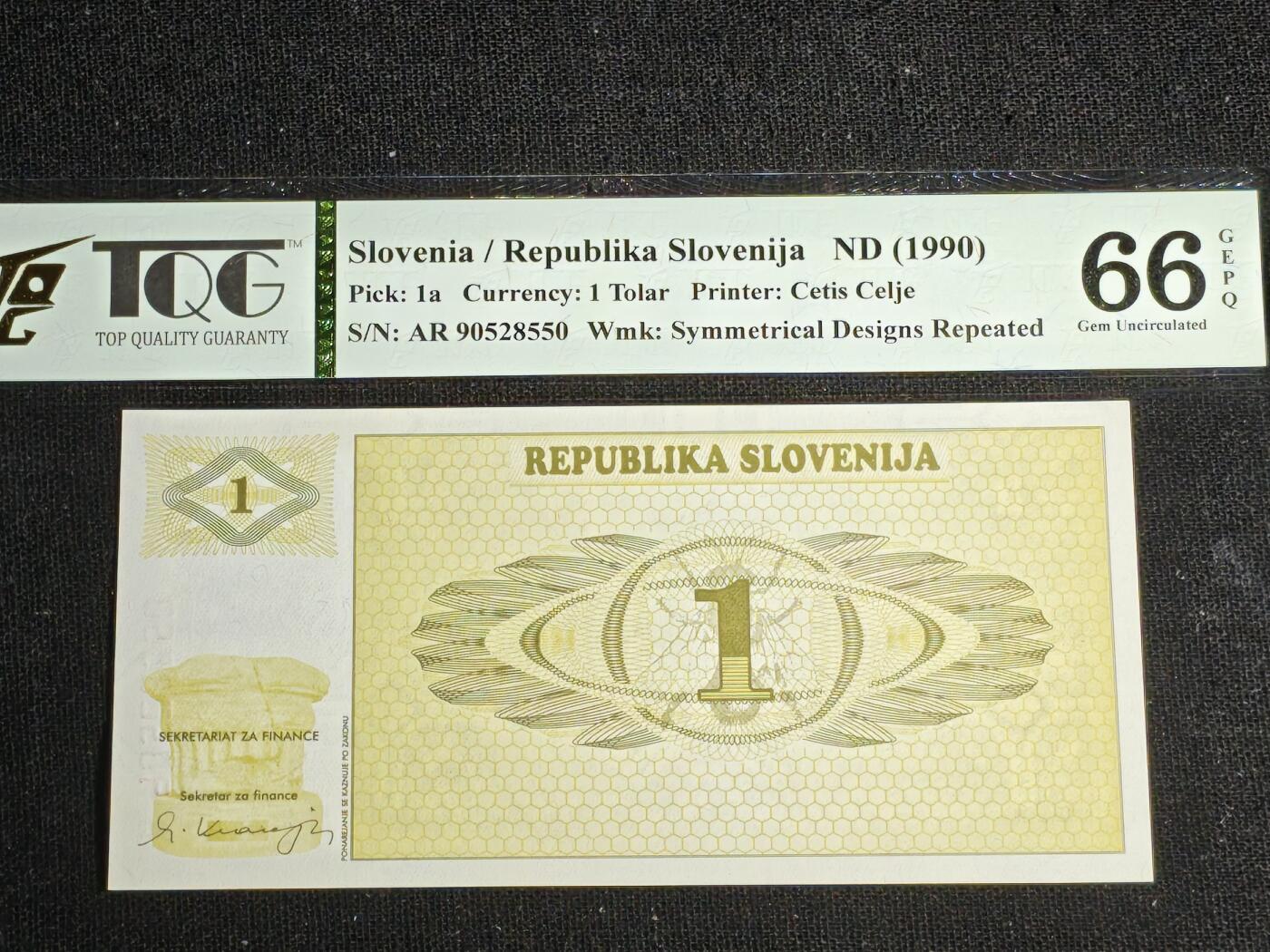 刘世昌艺术品销售中心～虎踞龙蟠*金杨在线联拍群第519期 斯洛文尼亚1990年1托拉（TQG    66GE    号码：AR90528550）1枚。