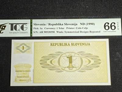 刘世昌艺术品销售中心～虎踞龙蟠*金杨在线联拍群第519期 - 斯洛文尼亚1990年1托拉（TQG    66GE    号码：AR90528550）1枚。
