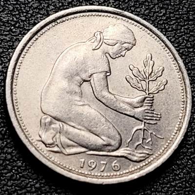 泉币菌-第212场-拍品多 请提前出价（工作最近较忙 发货不及时，望理解） - 高币值 德国 50芬尼镍铜币 植树少女 19.9毫米 