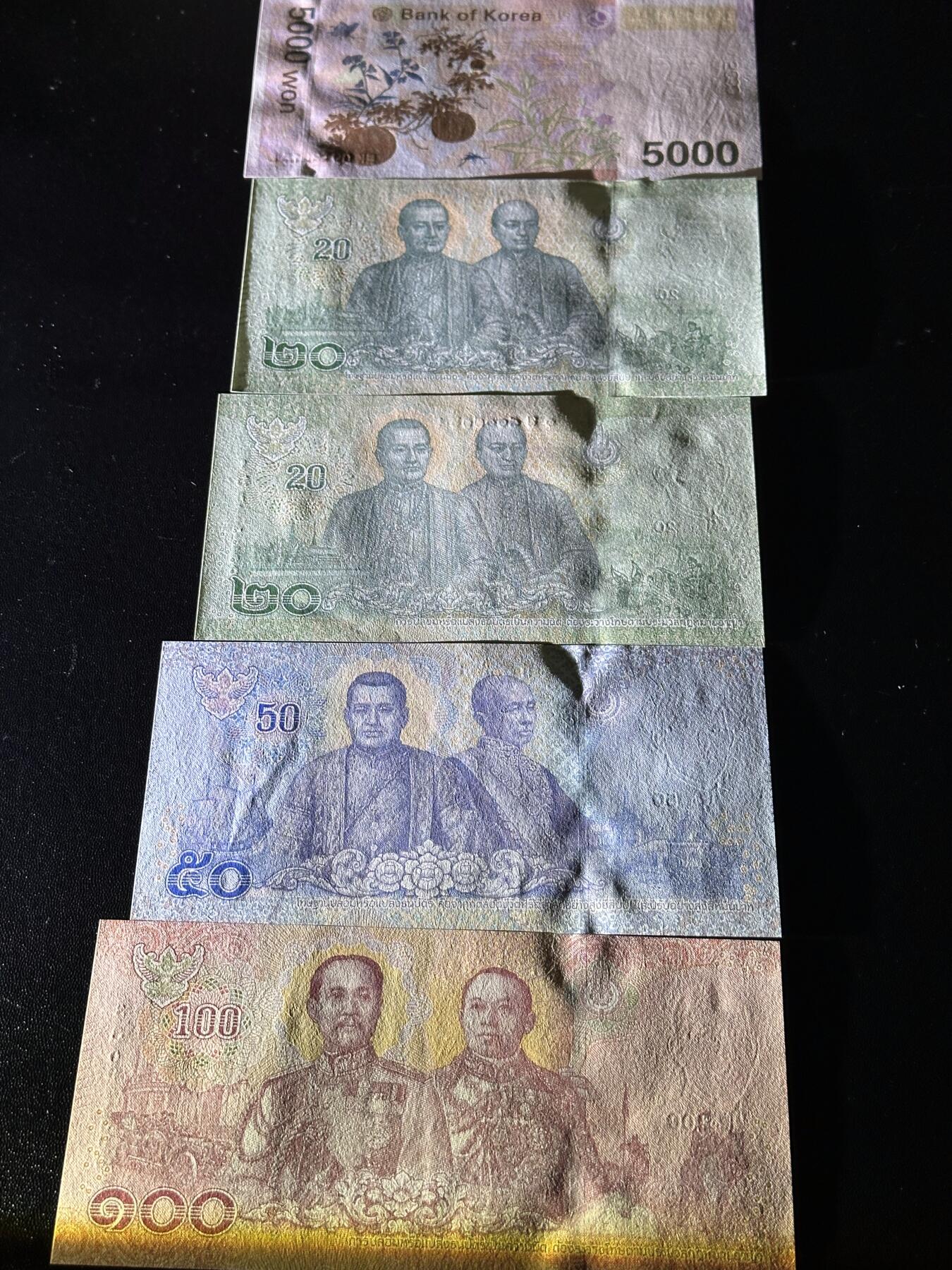 《外钞收藏家》第六百一十九期（精品场）（长期征集拍品、欢迎藏友们联系合作） 韩国5000+泰国10、50、100四张 共五张一起 全新