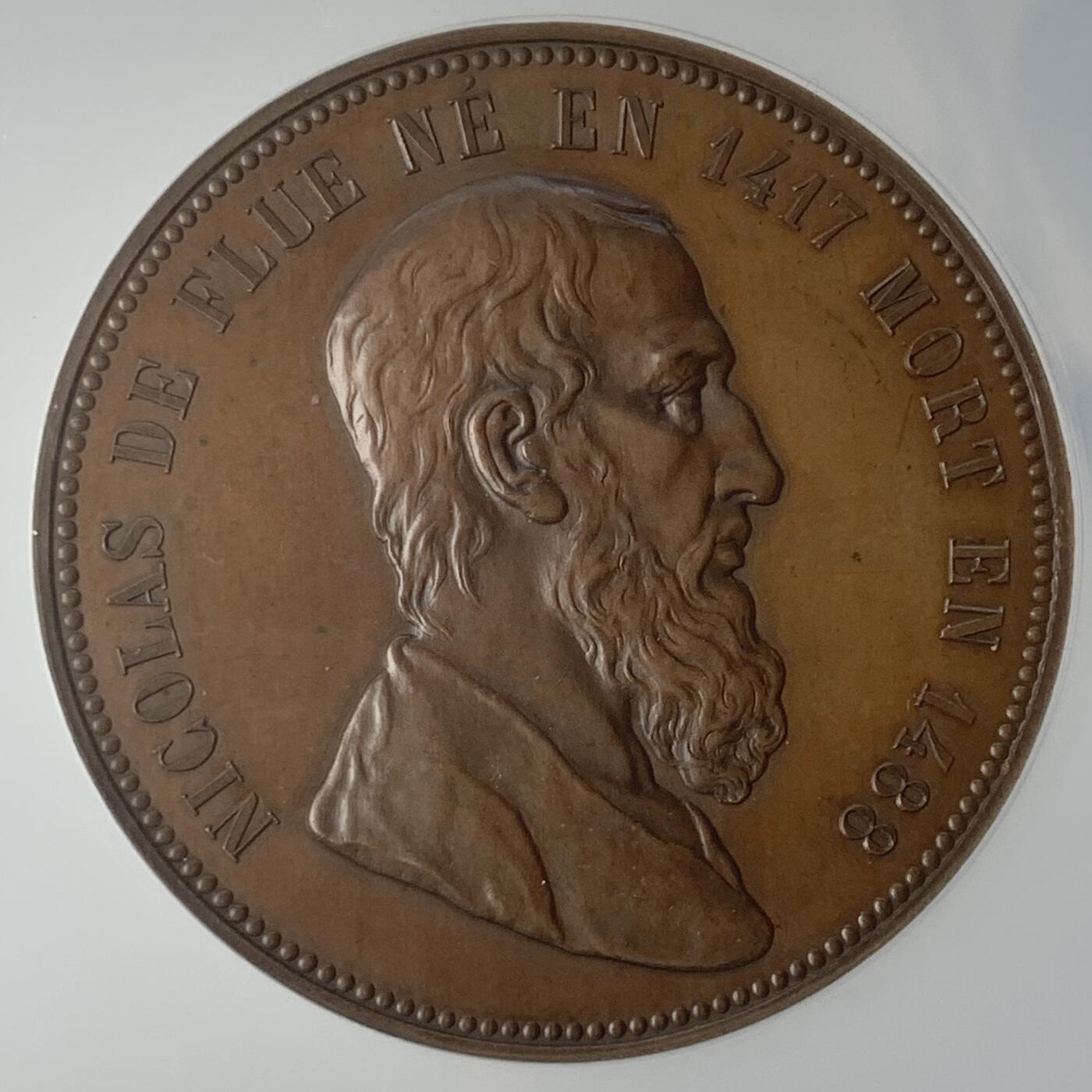 掌中浮雕-藏着的欧洲第055场 NGC MS63 : 1881年瑞士弗莱堡和索洛图恩加入瑞士联邦400周年纪念铜章，47mm 