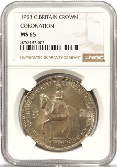 博洋堂世界钱币拍卖第165期（全场包邮） - NGC MS65 英国1953年伊丽莎白二世登基纪念克朗，高分好品，正面带淡彩。