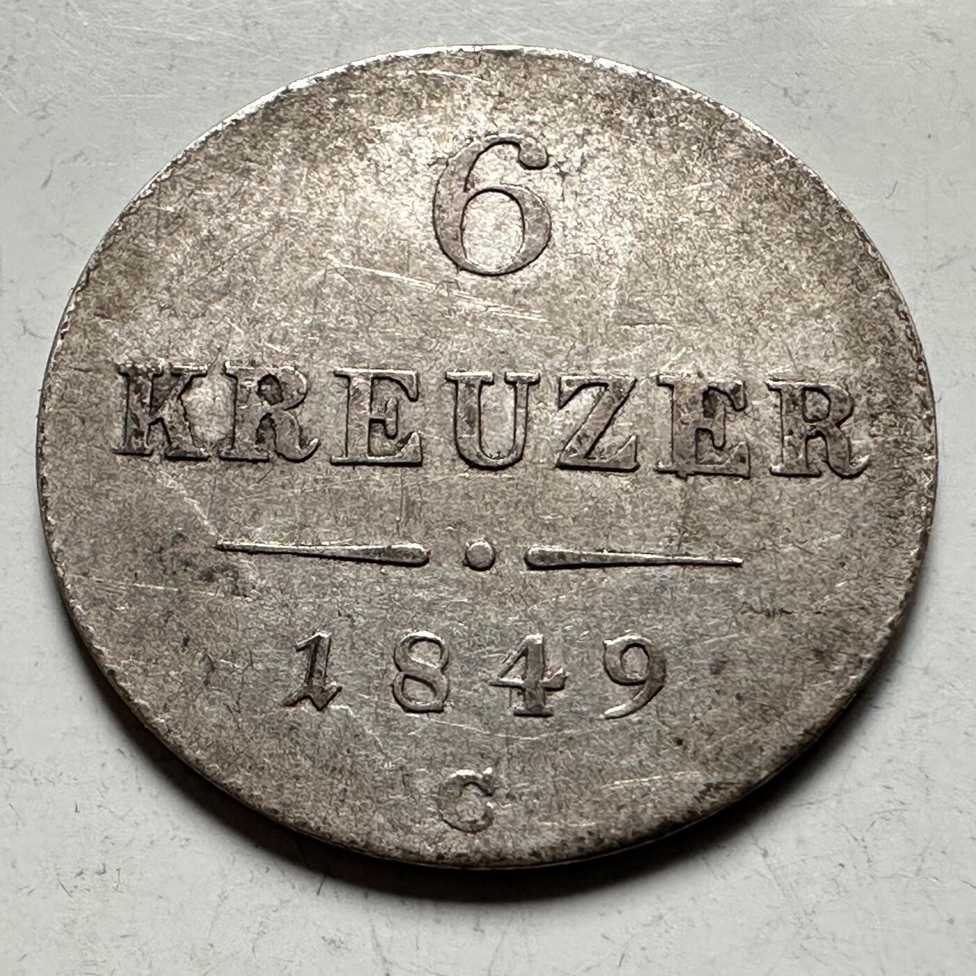 🌹外币初藏🌹🐯2026年第30场   每周二四六晚8️⃣点 接代拍 奥匈帝国1849年 弗朗茨·约瑟夫一世 6克鲁泽尔 银币 40%银 3.18克 21毫米