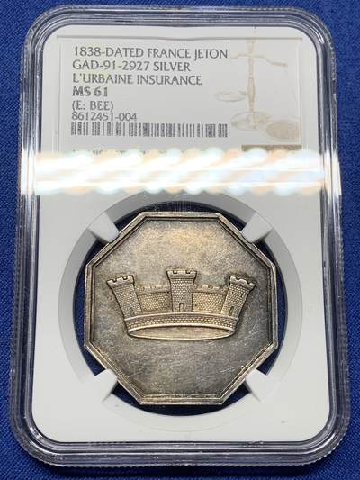 《竞宝斋》第472场 周日，周一，周二 3场连拍 （全场包邮）欢迎送拍 - NGC MS61 法国1838年人寿保险八角银质代币，蜜蜂边铭，大规格，直径：35mm。