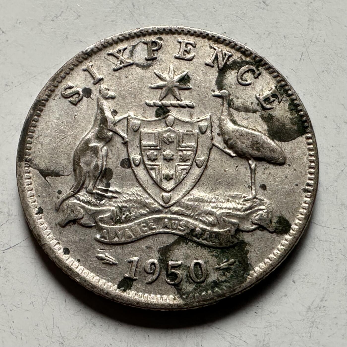 🌹外币初藏🌹🐯2026年第30场   每周二四六晚8️⃣点 接代拍 澳大利亚1950年 乔治六世 6便士 银币 50%银 2.83克 19.5毫米