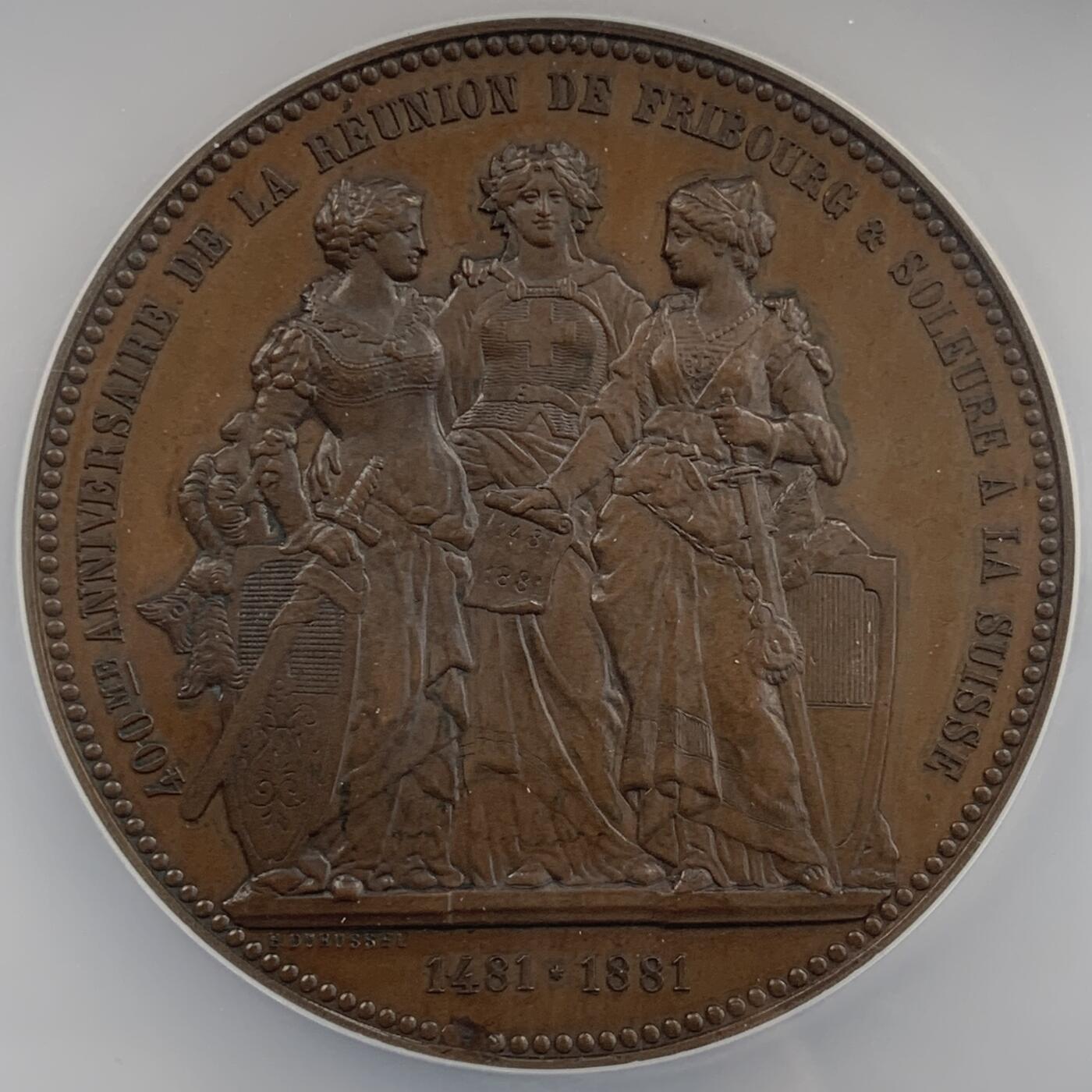 掌中浮雕-藏着的欧洲第055场 NGC MS63 : 1881年瑞士弗莱堡和索洛图恩加入瑞士联邦400周年纪念铜章，47mm 