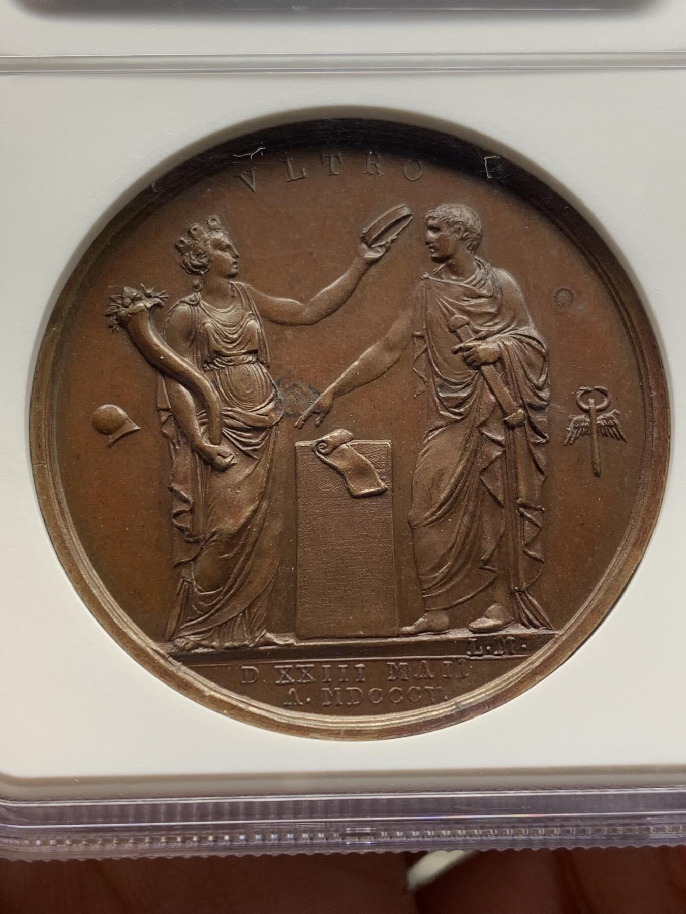 《竞宝斋》第472场 周日，周一，周二 3场连拍 （全场包邮）欢迎送拍 NGC MS63BN 1805法国拿破仑米兰加冕典礼纪念铜章 超高分 加厚盒