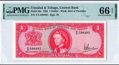 【Blue Auction】世界纸币精拍第795期——18级TOP拍卖/信誉/品质/专业/高效💫 -  特立尼达和多巴哥 1964年1元 戎装女王 PMG66EPQ