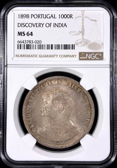 【雨安】【直播拍卖】【第0129期-评级币章】2026-03-21 周六 19:30 (金价1115, 银价20.09) - [评级欧洲] Portugal 葡萄牙 Kingdom 十进制 发现印度 1000里斯 KM#539 1898年  NGC-MS64 丝绸般粉光, 带淡五彩