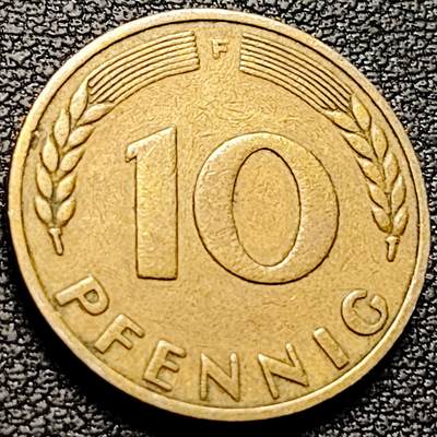 泉币菌-第212场-拍品多 请提前出价（工作最近较忙 发货不及时，望理解） - 联邦德国 1950年10芬尼铜币 橡树麦穗  直径21.5mm