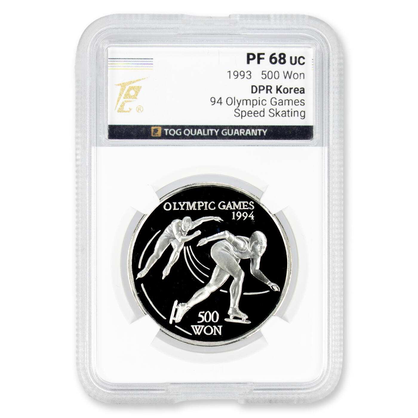 1993年朝鲜-94'奥利匹克运动会滑冰赛27g999纯银纪念币 TQG评级PF68冠军分