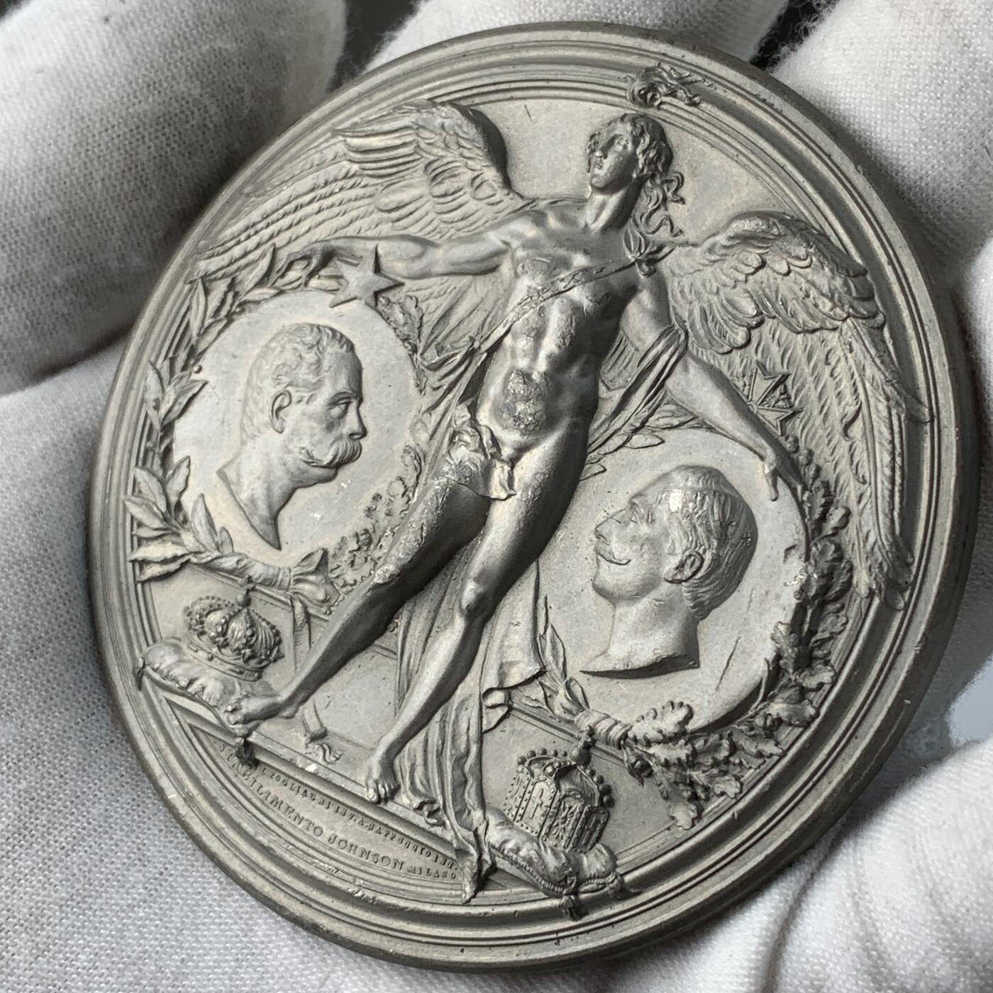 掌中浮雕-藏着的欧洲第055场 1888年意大利翁贝托一世于威廉二世在罗马会面白色金属（WM）纪念章，70mm